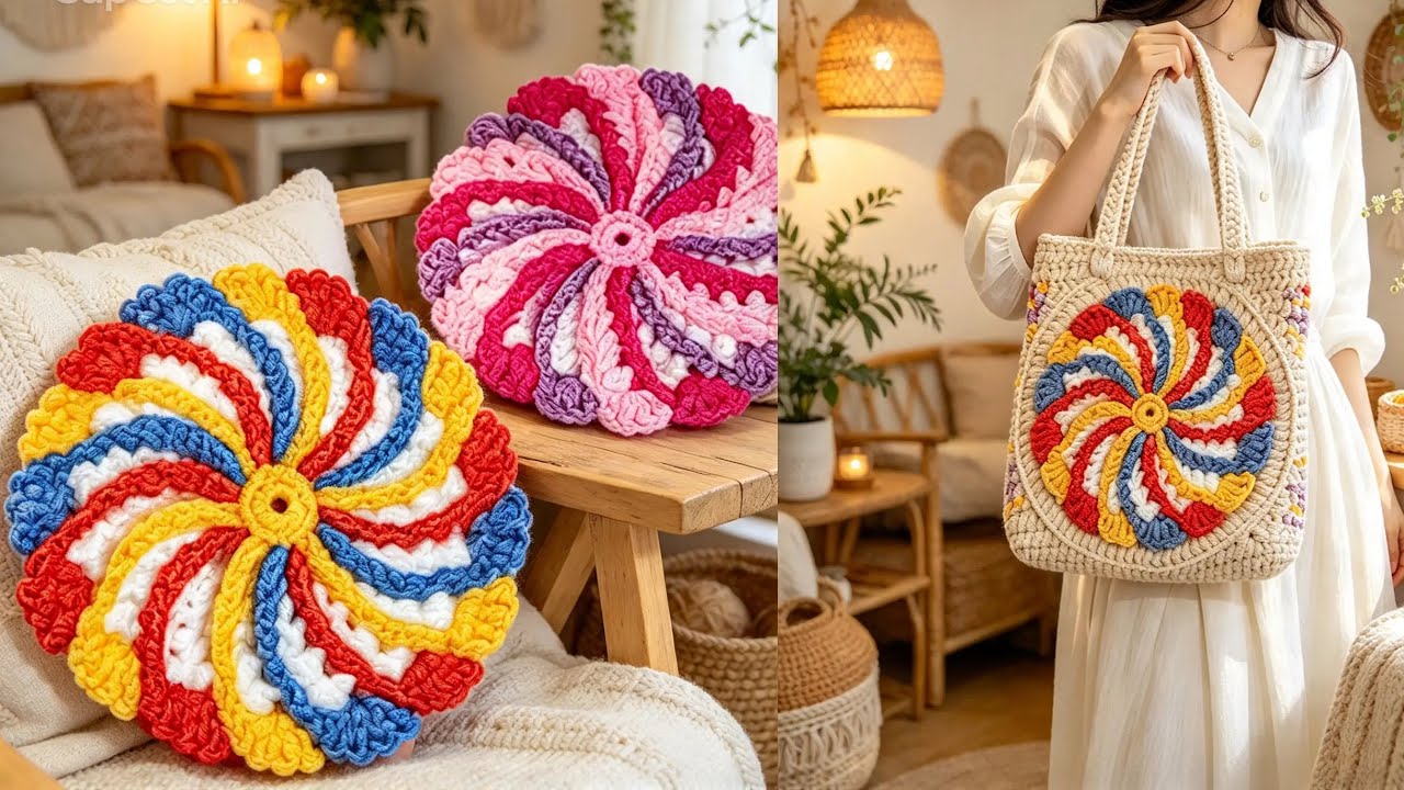 How To Crochet 3D Pinwheel Motif | Easy Peppermint Swirl Cushion & Bag ...