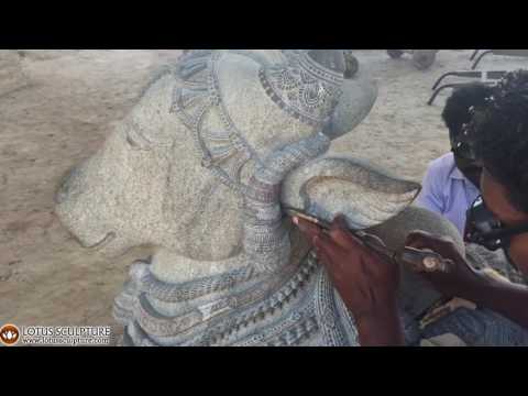 Indian Stone Artists Carving Granite Nandi Statue