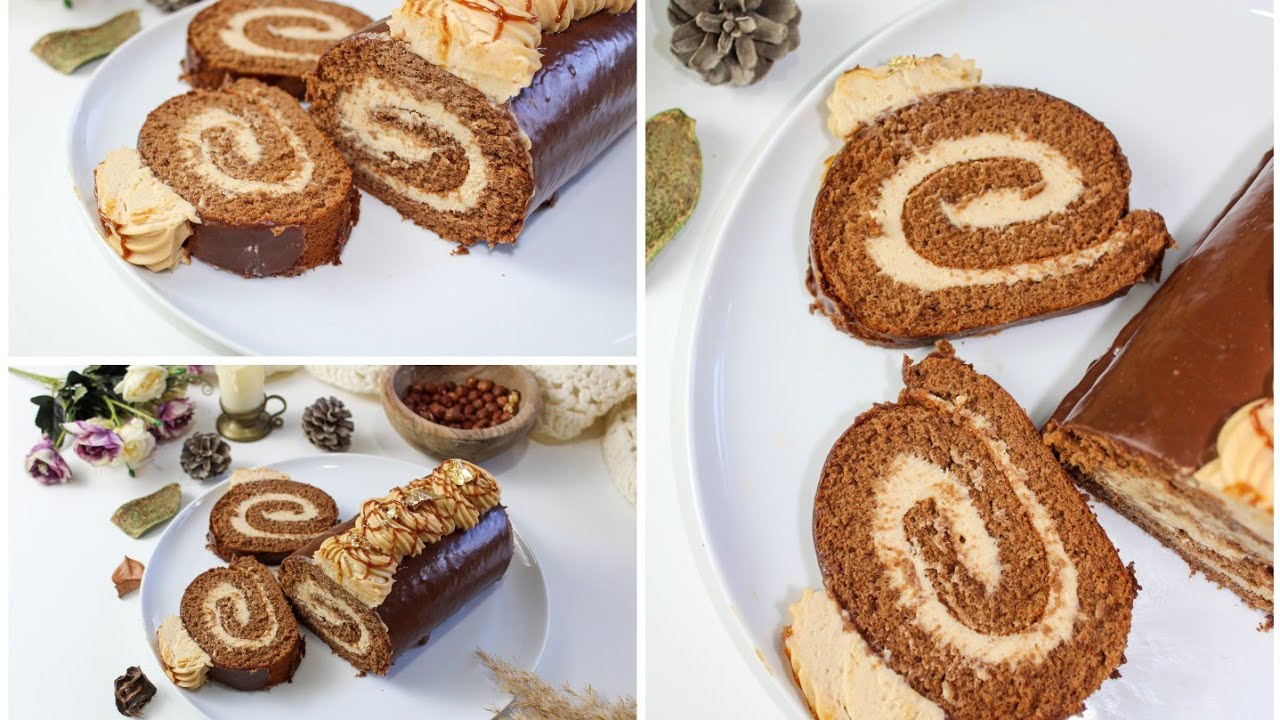 bûche roulé au crème mousseline praliné noisette /أسهل قاتو روليي بالكريم موسلين براليني بوفريوة