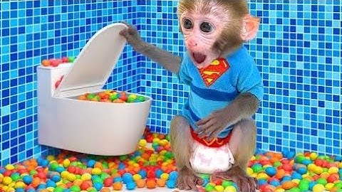 Monkey Baby Bon Bon meets rain of chocolate candy and eats rainbow milk bottle jelly with ducks