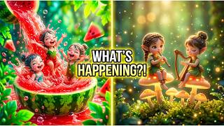 Joyful Tiny Pixies Making   Splashing In Watermelon Juice  Relaxing Forest