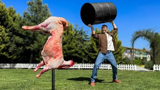 Cooking Homemade BBQ from a Huge Lamb Carcass! Grilling Lamb Under the Barrel