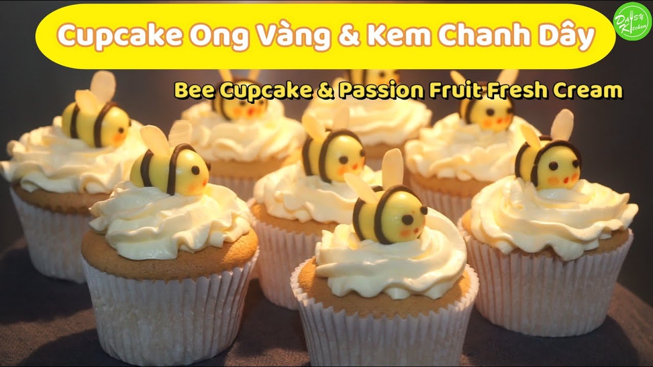 bán bánh cupcake Update New Bánh Cupcake Ong Vàng \u0026 Kem Chanh Dây ngon, dễ thương -Cute Bee Cupcake w Passion Fruit Cream recipe