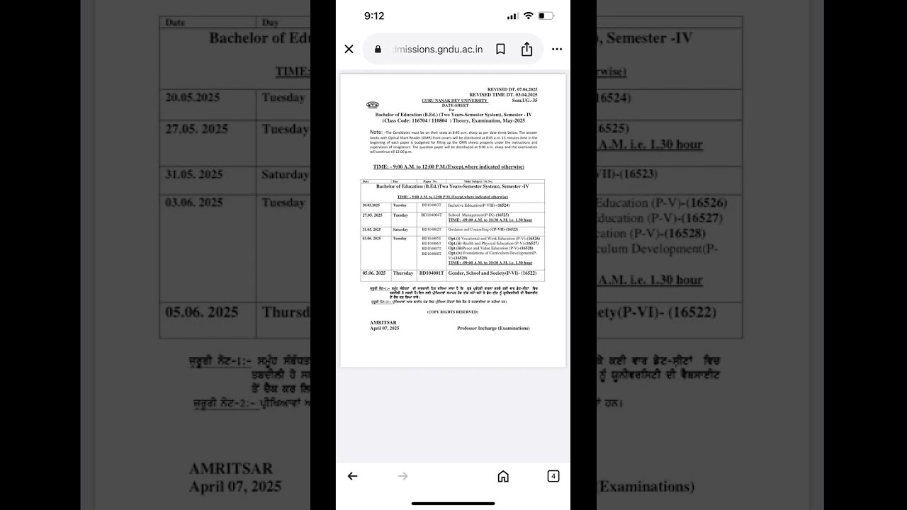 Datesheet BEd Semester 4 GNDU May 2025 Bednotes Datesheet2025 Gndu Semester4