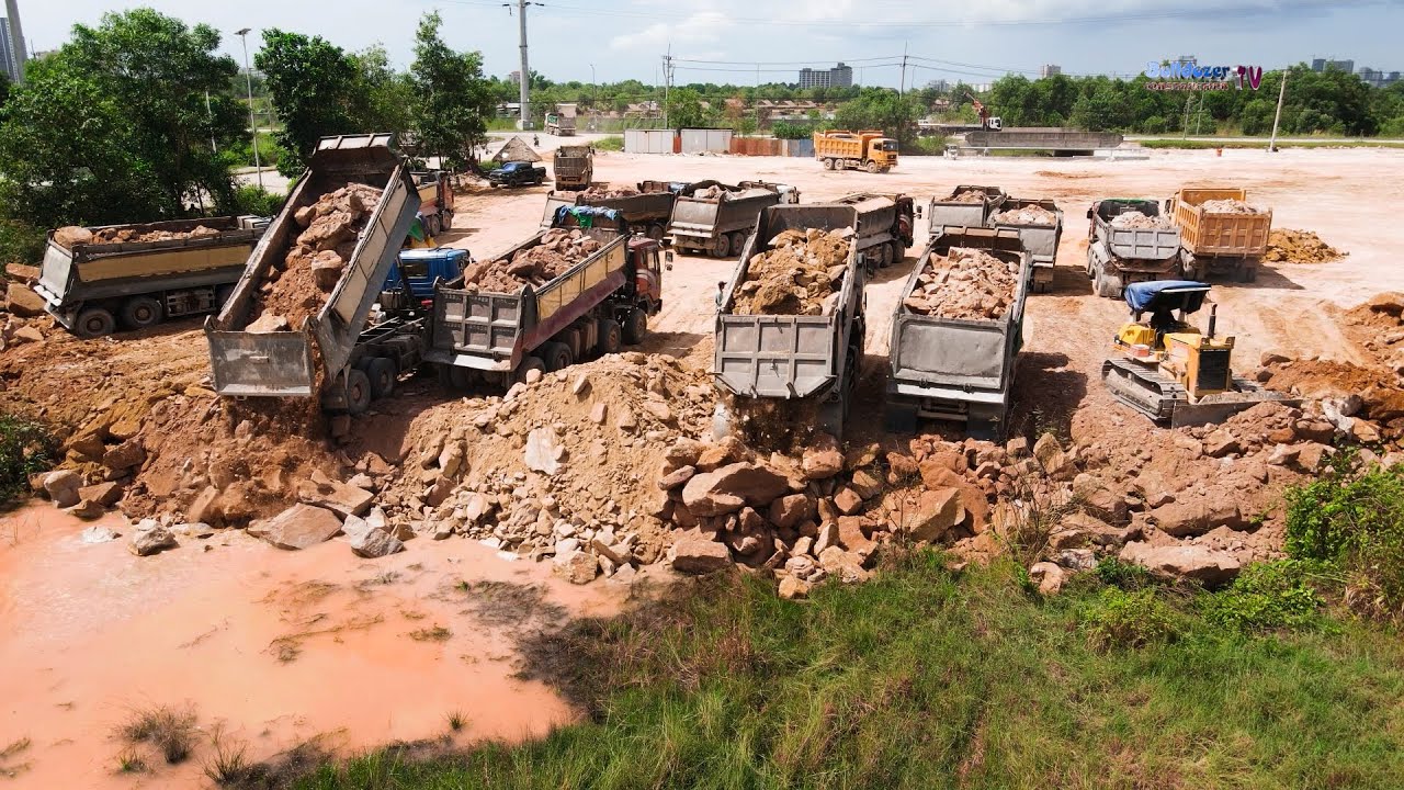 Incredible Project Filling Up The Land With Mountain Stone Operated With KOMATSU Bulldozers & Trucks