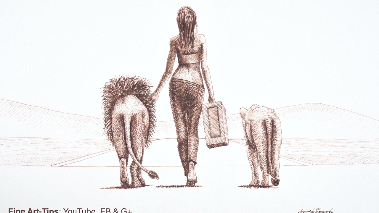 How to Draw a Woman Walking With Lions With Fountain Pen - Fountain Pen Drawing Tricks