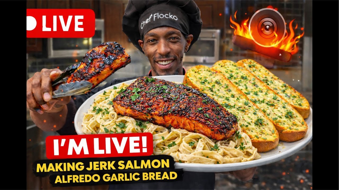 🔴LIVE Cooking Jerk Salmon Alfredo Garlic Bread