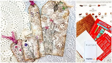 FROM TRASH TO TREASURE: More ephemera from random packaging! #4 Collaged tags with easy mixed media