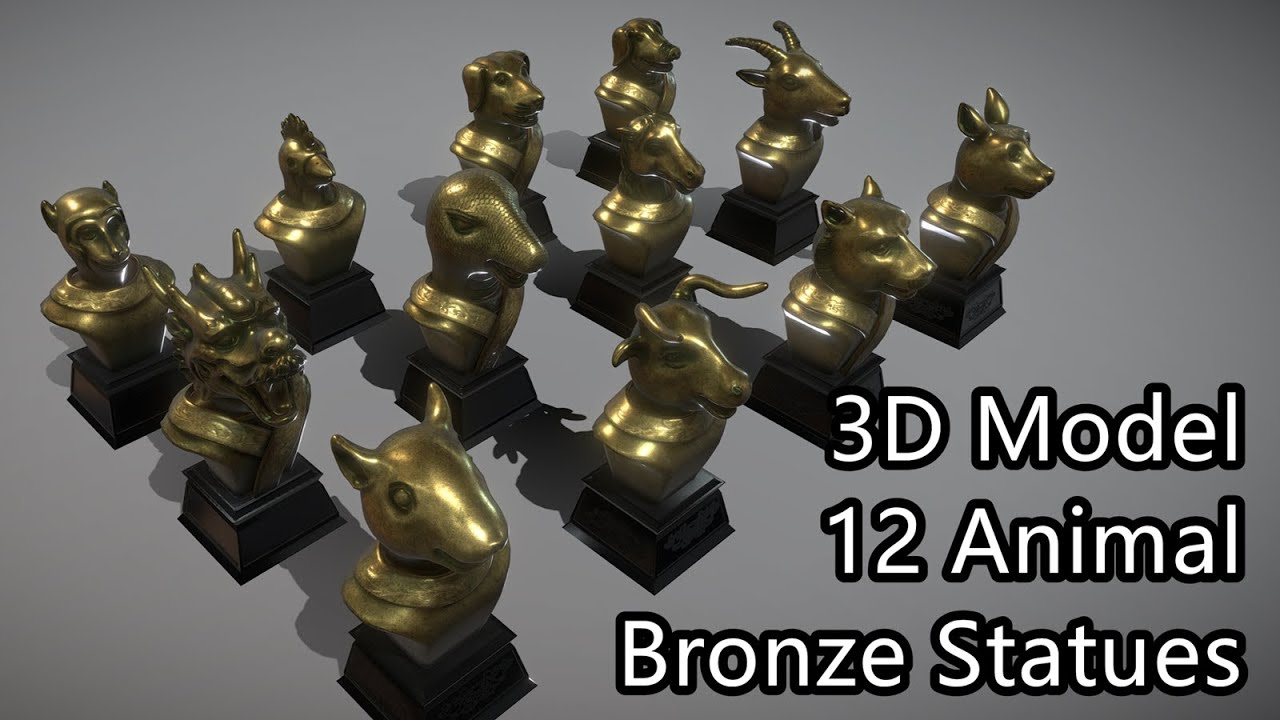 3D Model - 12 Animal Bronze Statues - Downloadable
