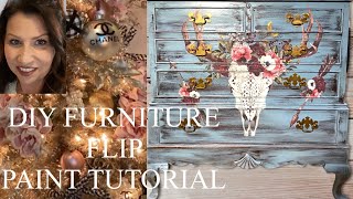 WE ARE BACK!  FURNITURE FLIP/CHALK PAINT TUTORIAL-DISTRESSED FINISH-REDESIGN TRANSFER APPLICATION