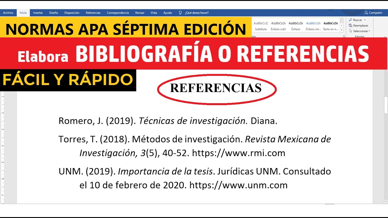 CÓMO HACER LA BIBLIOGRAFÍA O REFERENCIAS EN WORD SEGÚN NORMAS APA SÉPTIMA  EDICIÓN (7ma) | EJEMPLO - YouTube