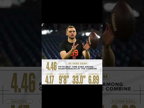 Baseball (Ball), People, Person. Text: 9 40 YARD DASH FIFTH BEST TIME EVER AMONG QUARTERBACKS AT THE COMBINE 4.46 H AMONG COMBINE SHUTTLE
