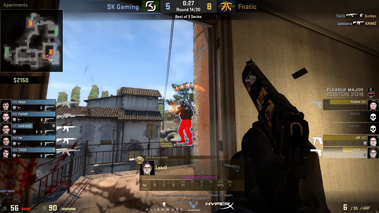 Fnatic Lekr0 Amazing Deagle Shots vs SK on Inferno / Boston Major 2018