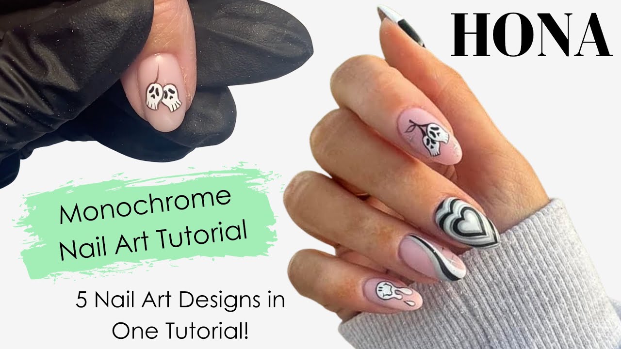 Monochrome Nail Art Tutorial, 5 Variations HONA, Home of Nail Art YouTube