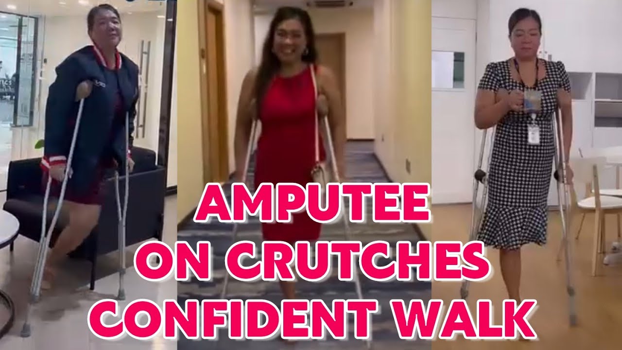 Amputee lady adaptive crutches user | confidence resilience walk with ...