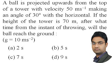 A ball is projected upwards from the top of a tower with velocity 50 ms−1 making an angle of 30°