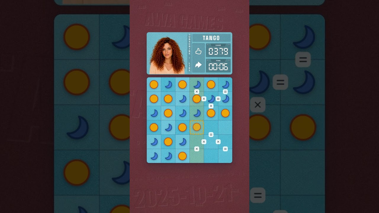 LinkedIn Tango #379 solved board for October 21, 2025, 6x6 grid