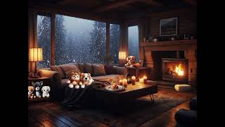 A cozy room in a country cottage with toys, candles, a fireplace and the sound of rain