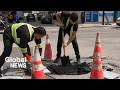 Montreal mayor less than impressed after duo fills potholes themselves
