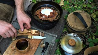 Bacon, Egg, & Hashbrown Skillet Cooked on a Split Log Stove