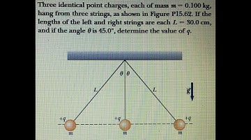 Three identical point charges, each of mass m  0.100 kg hang from three strings as shown in Figure.