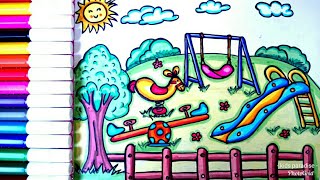 رسم حديقة وألعاب ، مراجيح ، وتلوينها للأطفال والمبتدئين بسهولة جدا خطوة بخطوة ،تعليم رسم حديقة العاب