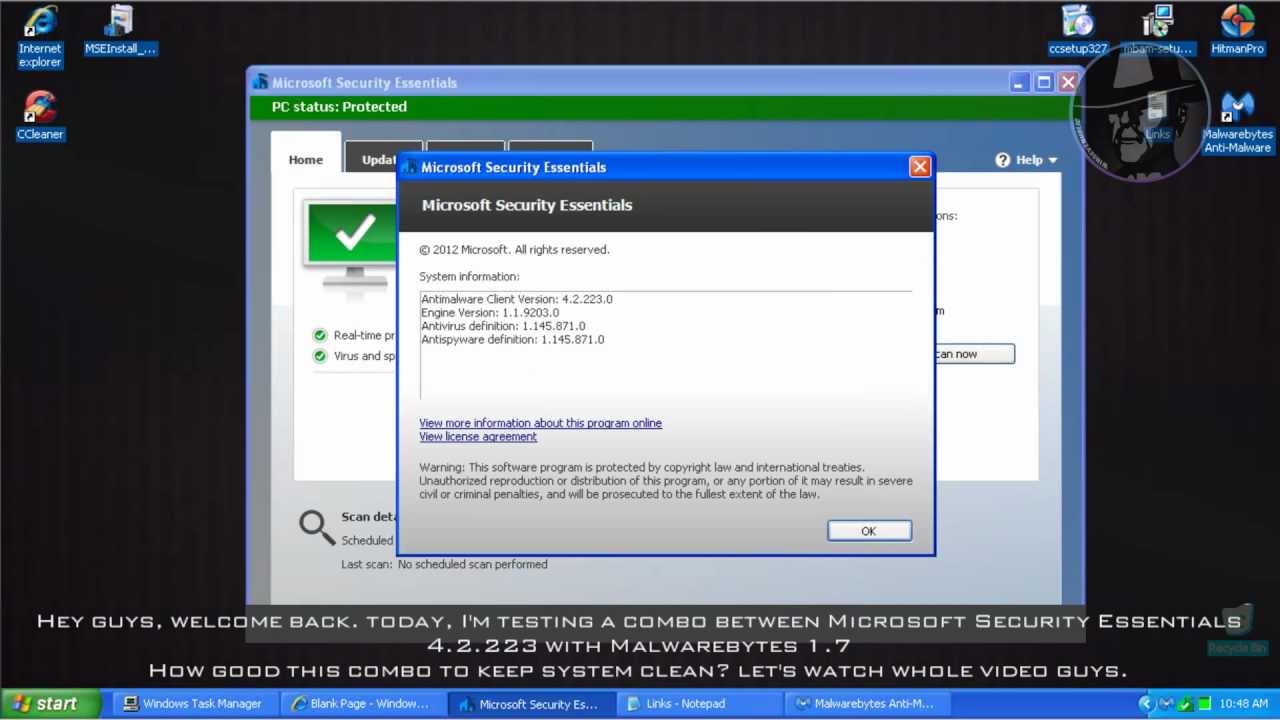 Microsoft Security Essentials with Malwarebytes Pro - Test with more ...