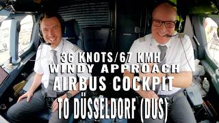 AIRBUS COCKPIT WINDY  APPROACH TO DÜSSELDORF 🇩🇪 (DUS) |  UP TO 67 KMH or 36 KTS / 5 cameras