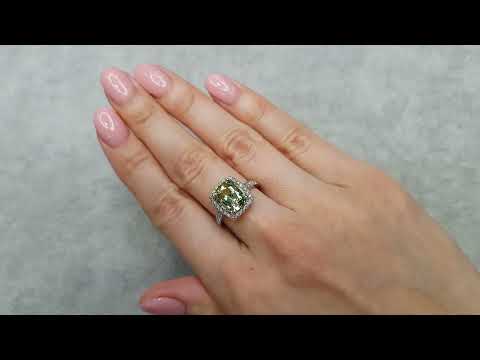 Ring with greenish-yellow tourmaline 3.37 carats and diamonds in 18-carat white gold Video  № 1