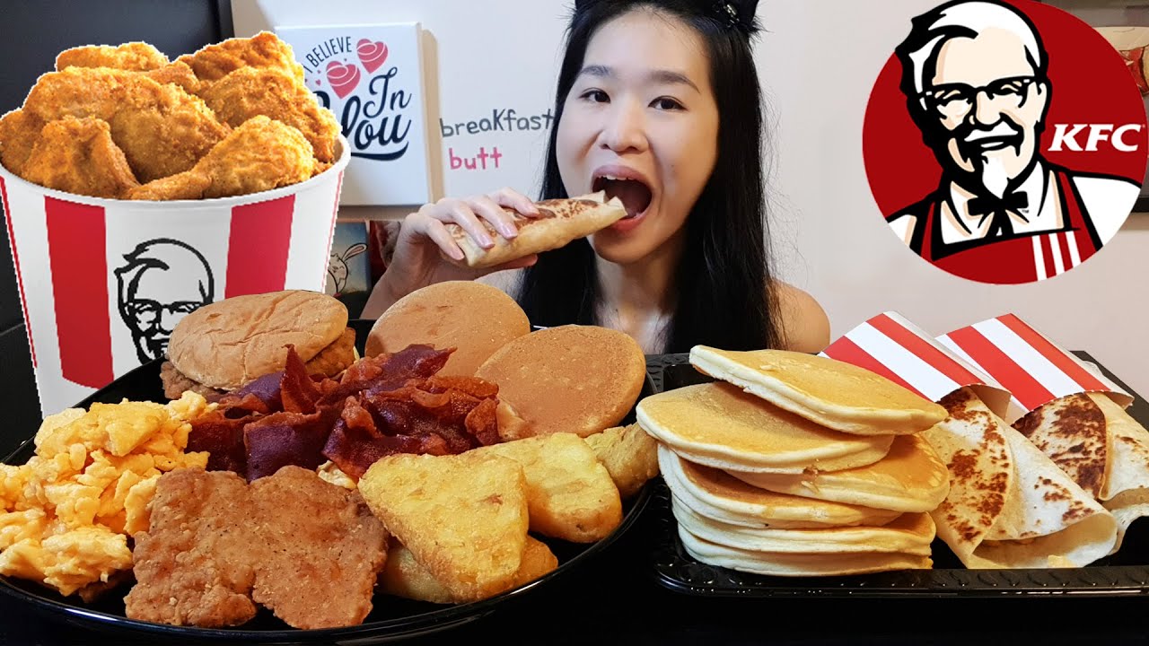 MASSIVE KFC BREAKFAST FEAST!! Pancakes, Chicken Sandwich, Bacon & Eggs ...