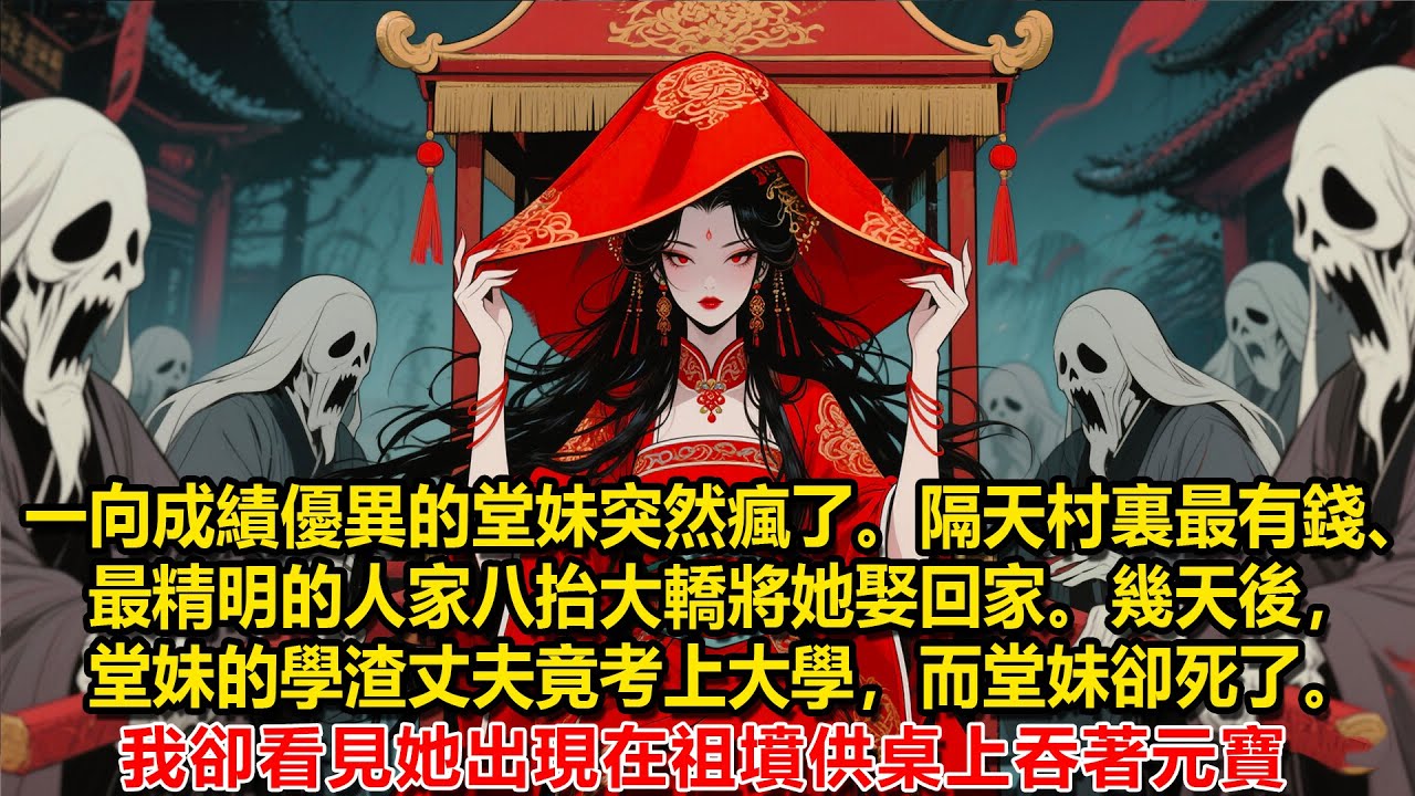 一向成績優異的堂妹在高考前突然瘋了。隔天，村裏最有錢、最精明的人家八抬大轎將她娶回家。幾天後，堂妹的學渣丈夫竟考上大學，而堂妹卻死了。七月十五上墳，我突然看見她出現在祖墳供桌上吞著元寶，她回來了
