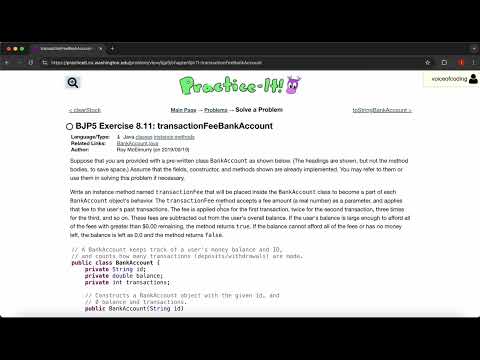 Exercise 8.11 (transactionFeeBankAccount) Java Tutorial || Practice-It