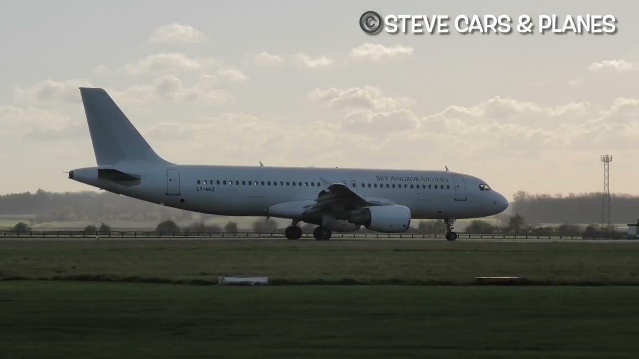 Sky Angkor Airlines Airbus A320 LY-NVZ landing at Cotswold Airport for scrapping 