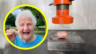 Crushing Granny's Dentures With A Hydraulic Press | Ross Smith