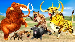 Giant Tiger Bull Vs Woolly Mammoth Save Cow Cartoon Attacked by Hyenas Animal Mammoth Revolt