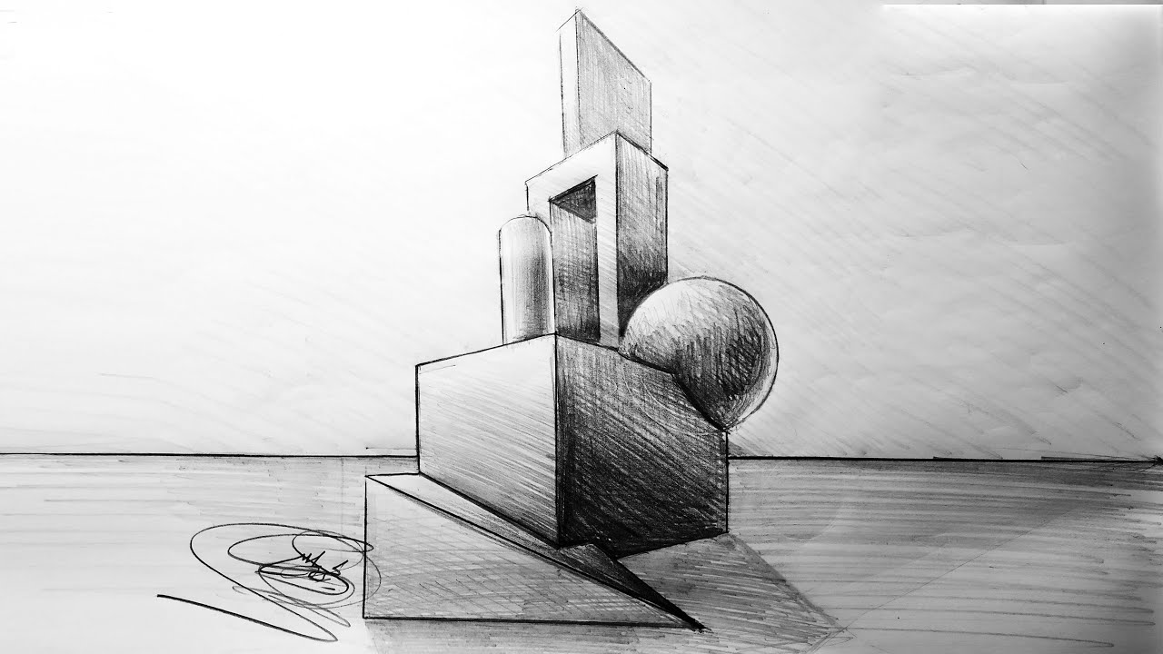 رسم تشكيل بالمجسمات بالمنظور الهندسي من نقطتين هروب خطوة بخطوة