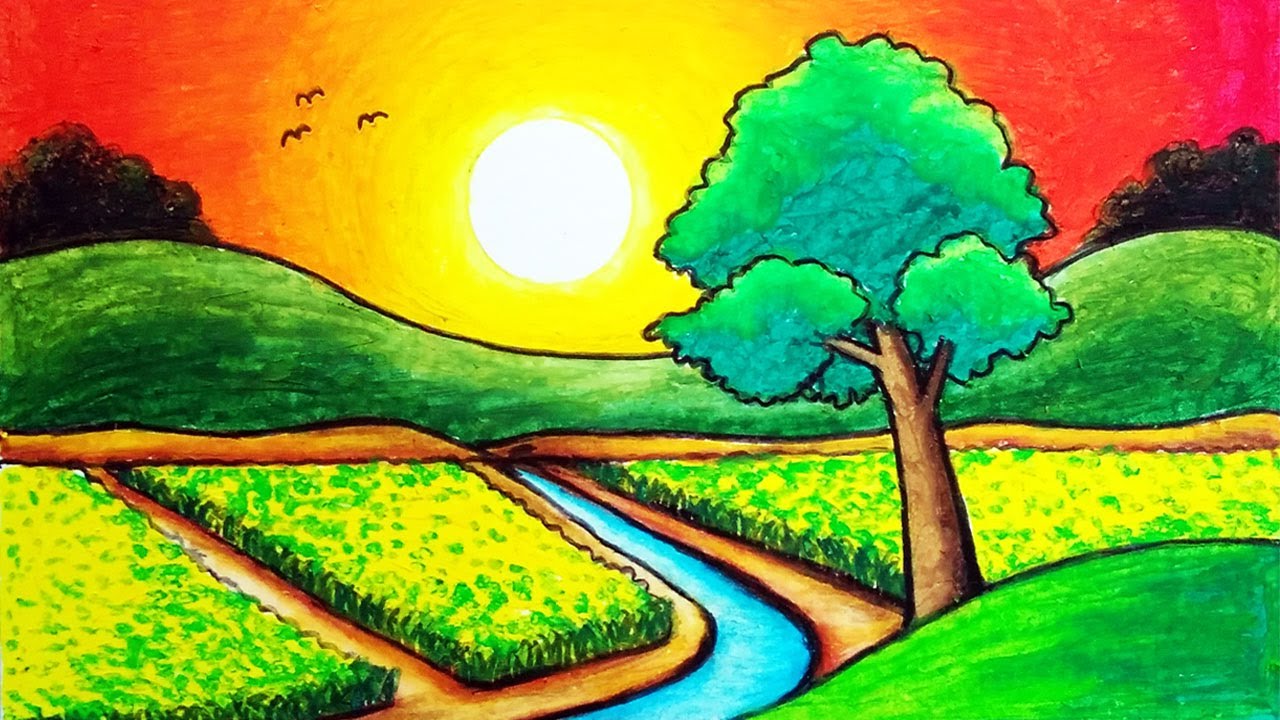 How To Draw Sunset Scenery In a Rice Field | Easy Scenery Drawing With Oil Pastel