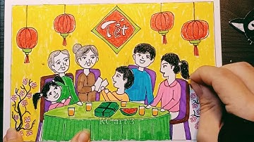 Vẽ ước lệ - Vẽ lễ hội xuân - Gia đình ăn tiệc tết | Bố cục trong tranh sinh hoạt -vẽ yếu tố dân tộc