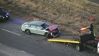 Tow truck removes badly damaged car after crash causes significant traffic on I-44 in OKC