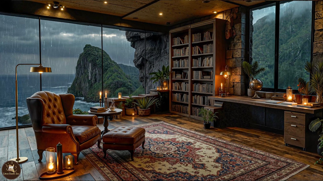 Relaxing Jazz in a Cozy Wooden Library – Smooth Jazz with Rain Sounds & Sea View for Evening Calm