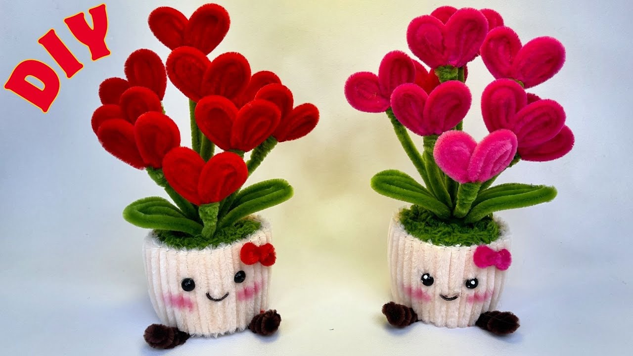 Cách làm Chậu Hoa Trái Tim dễ thương bằng Kẽm Nhung💗Cute Heart Shaped Pipe Cleaner Flower Pot DIY
