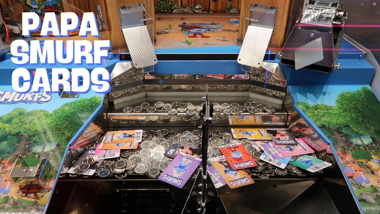 The Smurfs Coin Pusher - Getting the RARE PAPA SMURF CARD Twice - Winning Lots of Cards!!