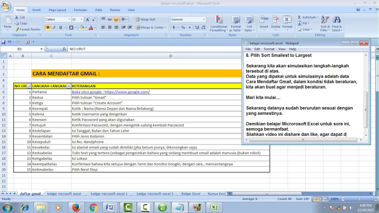 Belajar Microsoft Excel : Mengurutkan data dalam format  