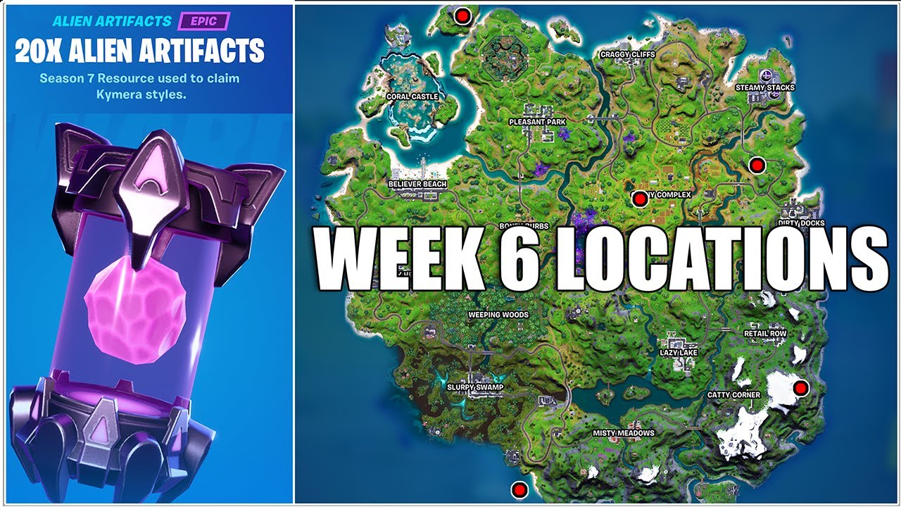 Fortnite All Week 6 Alien Artifacts Locations Chapter 2 Season 7 Youtube