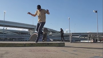 Backside No Comply on Parking Block.  Inspired by Gonz of course, like everything in skateboarding!