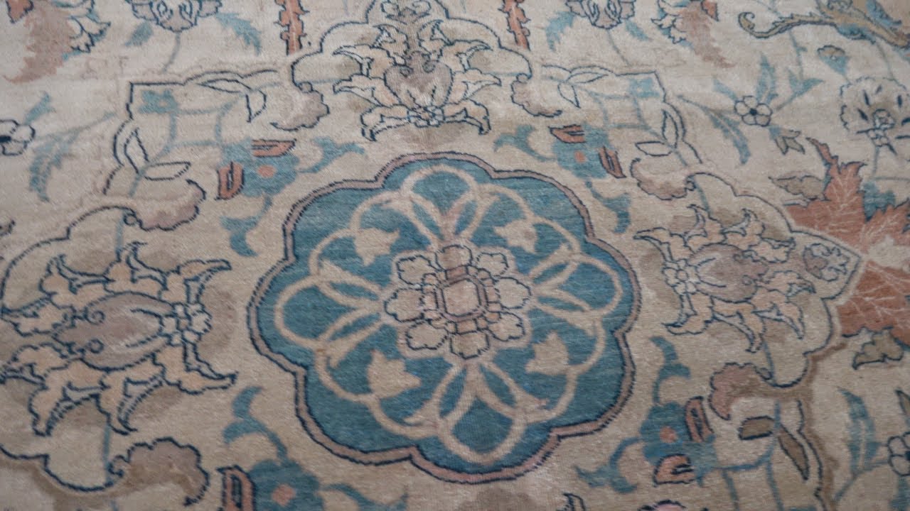 Antique Ivory Background Blue Flower Medallion Persian Tabriz Wool Rug BB7205
