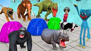 Underground Tunnel Game With Gorilla Cow Elephant Hippo Dinosaur Crossing Fountain With Gorilla