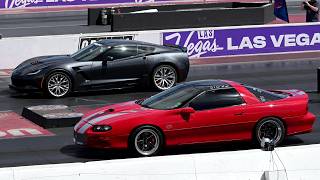 Red 2010 To 2015 Chevy Camaro SS Vs 2014 To 2019 C7 Corvette Z06 Drag Race 4K - LS Fest West Vegas