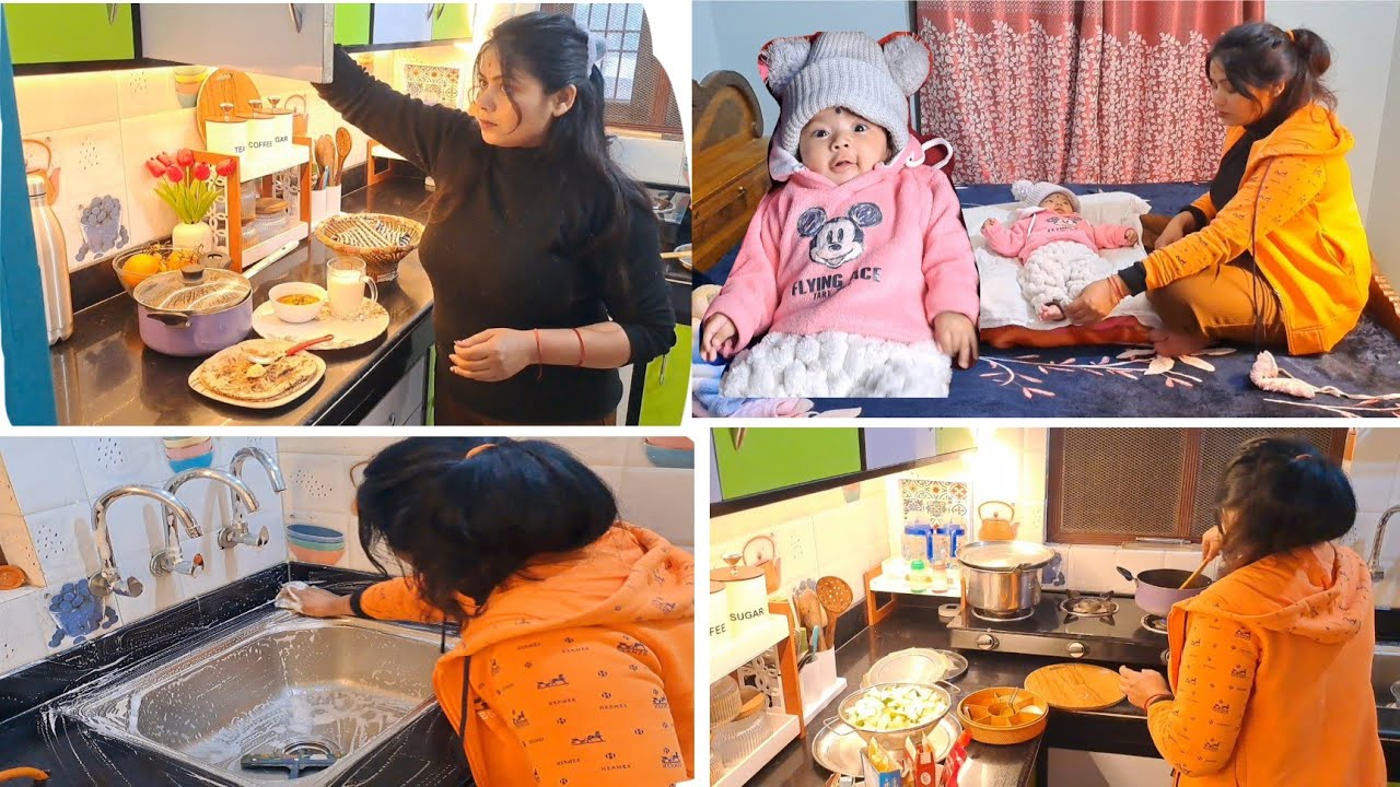 बच्चे के साथ My winter Night Routine मालिश, खाना रात में घर किचन की सफाई, :रात 10: तक रूटीन 