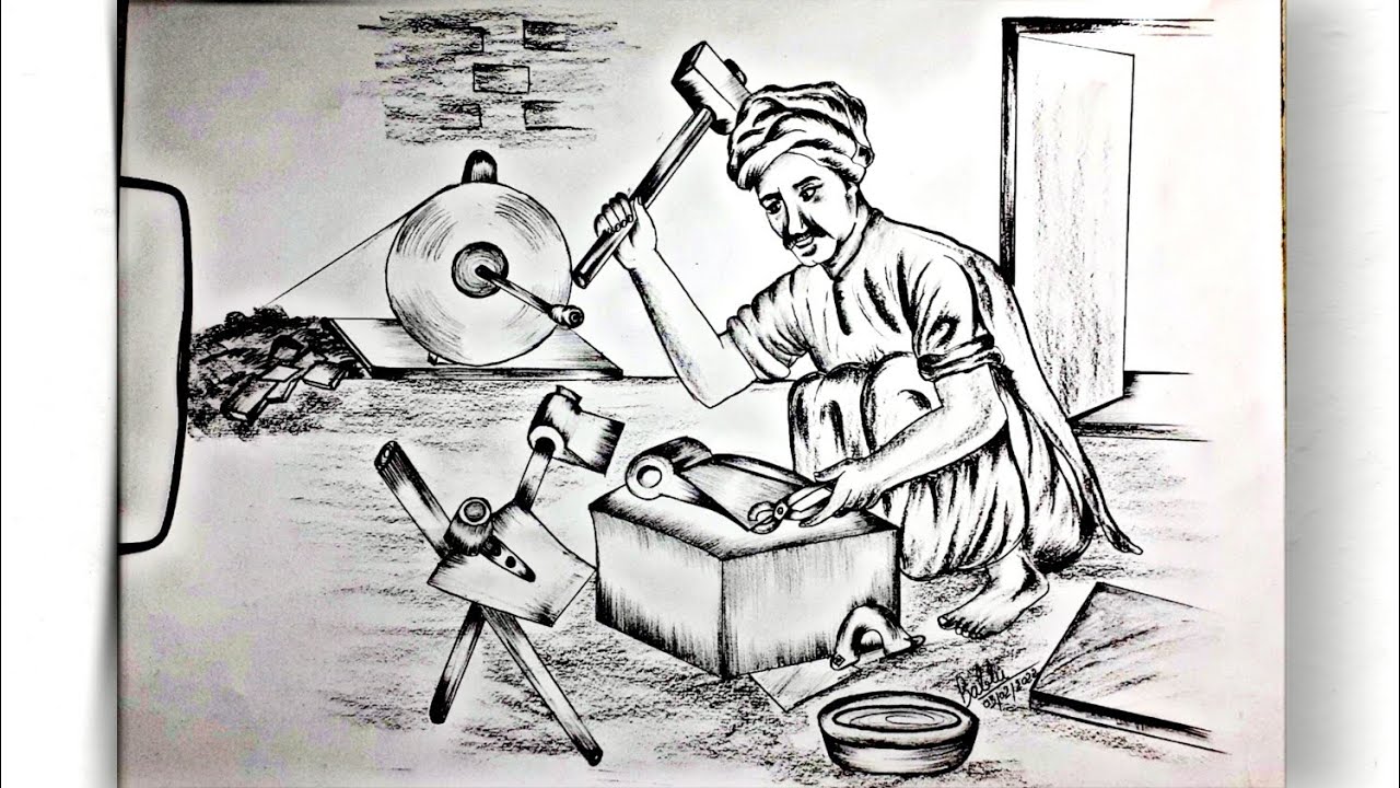 How to Draw an Indian Blacksmith||blacksmith at Work Drawing by BABLU